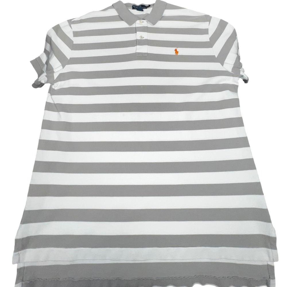 Polo Ralph Lauren Mens XL Grey White Striped Short Sleeve Cotton Polo Shirt - Picture 1 of 7